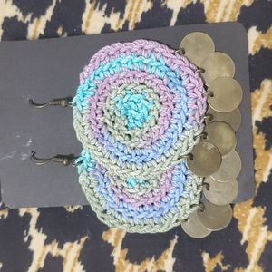 THANDMADE EARRINGS HANDCRAFTED TYE DYE KNITTED WITH DANGLING MINI BANGLES